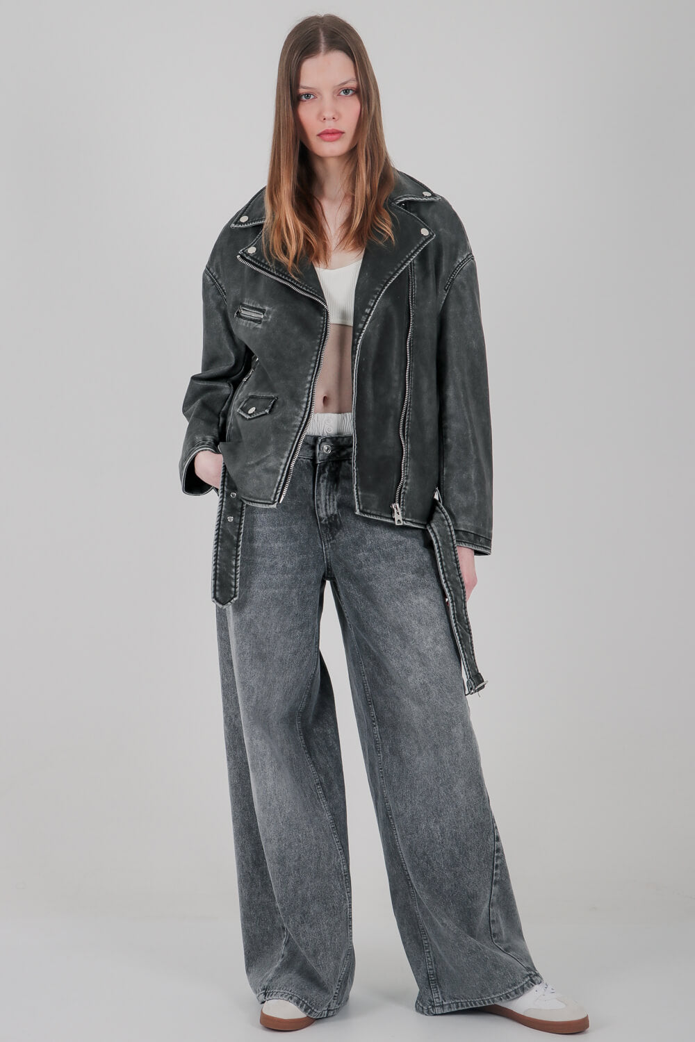 Μπουφάν biker oversized με υφή δέρματος