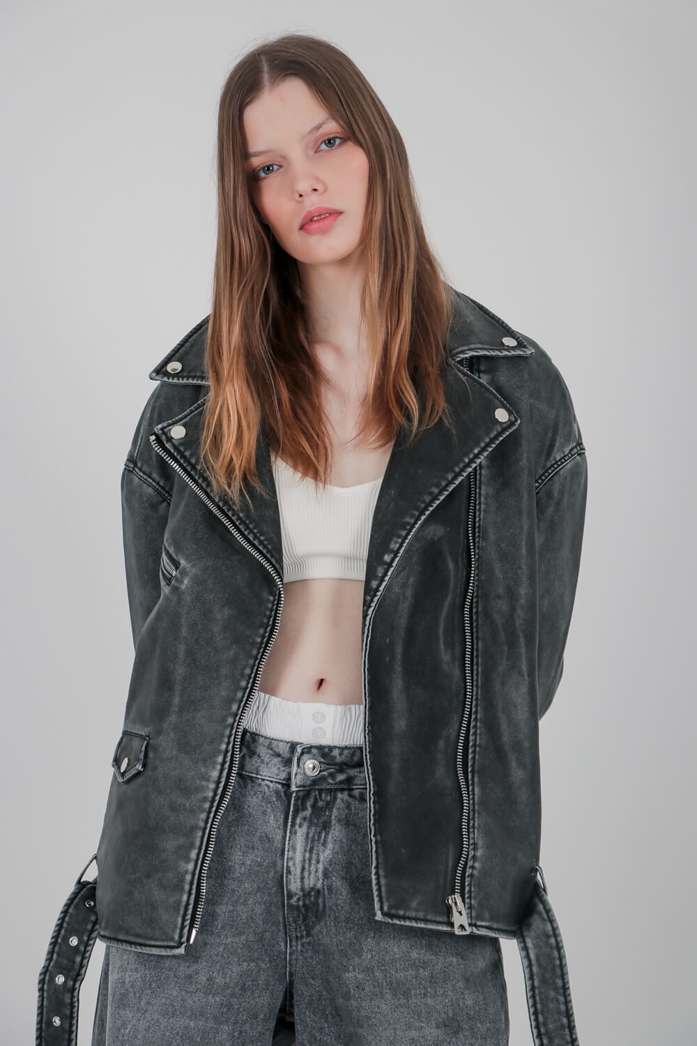 Μπουφάν biker oversized με υφή δέρματος