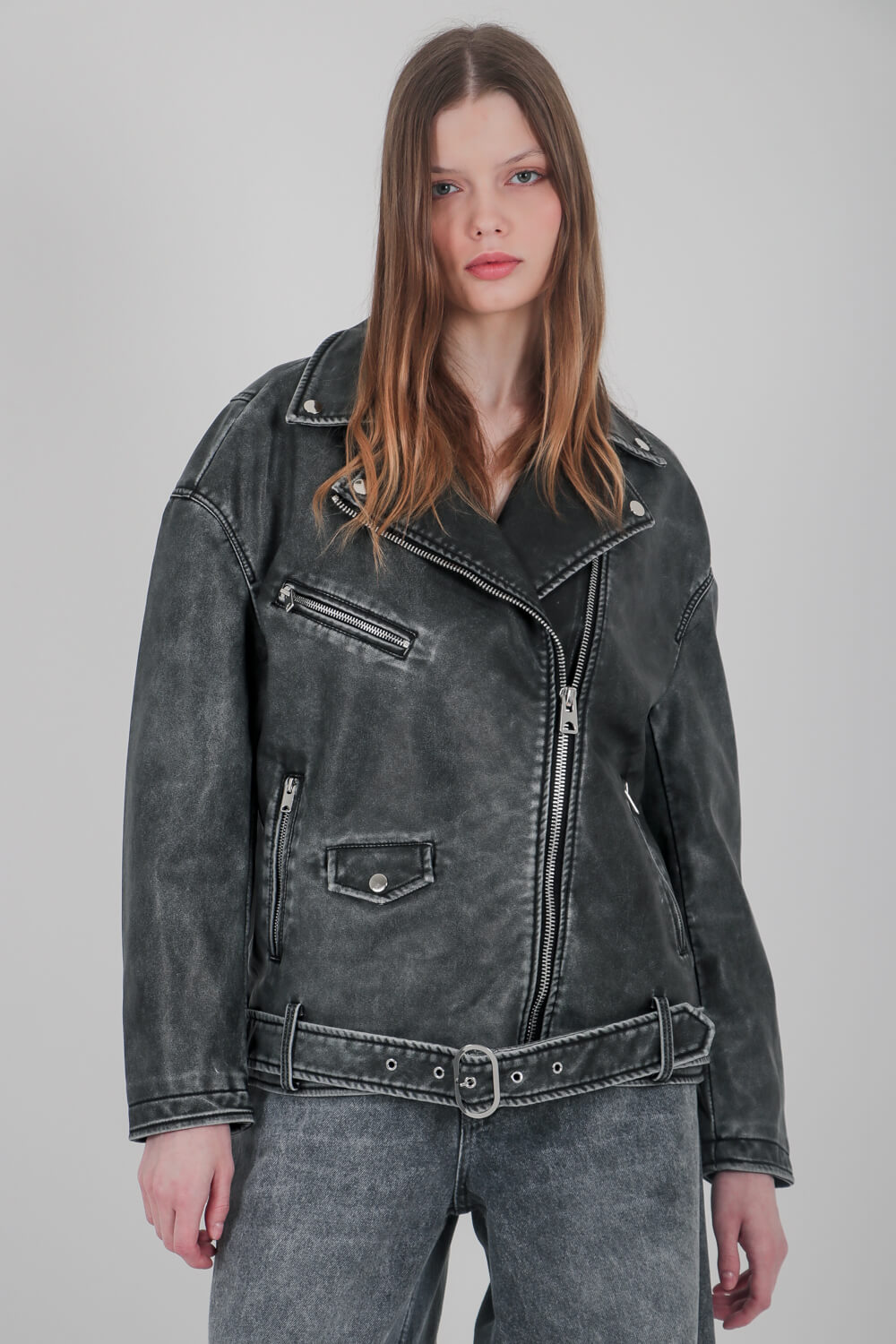 Μπουφάν biker oversized με υφή δέρματος